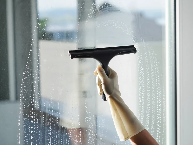 Illustration: behandschuhte Hände wischen mit dem Abzieher eine Fensterscheibe