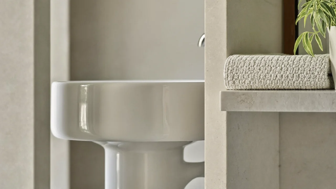 Illustration: sauberes Badezimmerdetail mit Waschbecken, Leinentuch und kleiner Pflanze